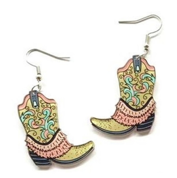 Western Boot Acrylic Earrings - Gold and Pink - Picture 1 of 6